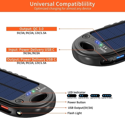 18W 10000mAh সোলার চালিত পাওয়ার ব্যাংক USB C চার্জার OEM