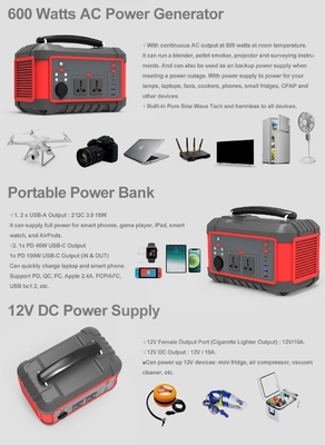 600W ইউএসবি দ্রুত চার্জ সৌর জেনারেটর পোর্টেবল লিথিয়াম ব্যাটারি পাওয়ার স্টেশন এসি ডিসি